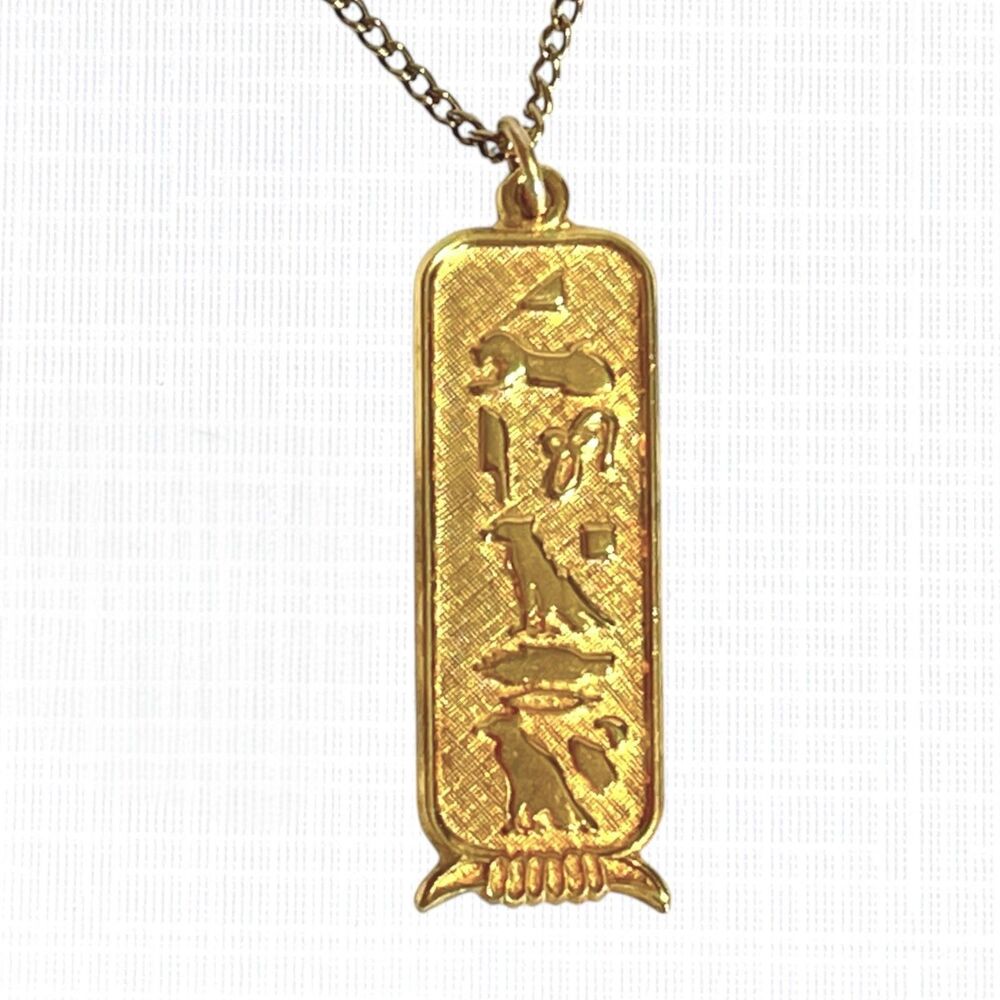 Vintage Egyptian Hieroglyphic Pendant Necklace Gold Tone Cartouche Charm 24"